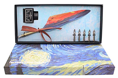 Ranvi Feather Quill Pen Set, Antique Calligraphy Pen Set (with 5 Replacement Nibs), 1 Ink and 1 Gift Box(Starry Sky)