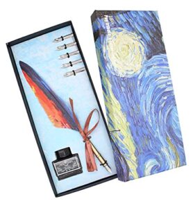 ranvi feather quill pen set, antique calligraphy pen set (with 5 replacement nibs), 1 ink and 1 gift box(starry sky)