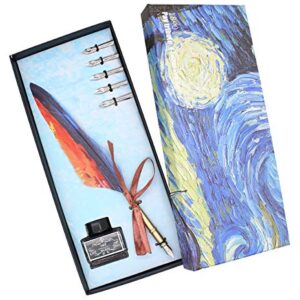 Ranvi Feather Quill Pen Set, Antique Calligraphy Pen Set (with 5 Replacement Nibs), 1 Ink and 1 Gift Box(Starry Sky)