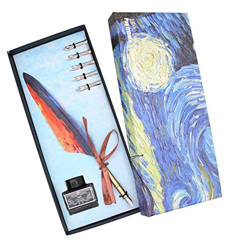 Ranvi Feather Quill Pen Set, Antique Calligraphy Pen Set (with 5 Replacement Nibs), 1 Ink and 1 Gift Box(Starry Sky)