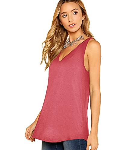 Verdusa Women's V Neck Longline Dolphin Hem Loose Tank Top Watermelon Pink XS