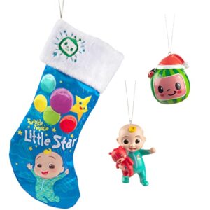 kurt adler cocomelon jj and melon christmas ornaments and stocking set of 3-2 holiday tree ornaments & stocking - officially licensed - gift for kids