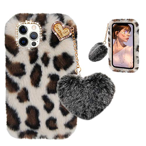 Furry Case for LG V60 ThinQ 5G, Girlyard Soft Fluffy Plush Faux Rabbit Fur Warm Hairy Shockproof Silicone Bumper Protective Cover with Cute Love Heart Hair Ball Pendant - Leopard Beige