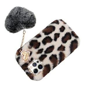 Furry Case for LG V60 ThinQ 5G, Girlyard Soft Fluffy Plush Faux Rabbit Fur Warm Hairy Shockproof Silicone Bumper Protective Cover with Cute Love Heart Hair Ball Pendant - Leopard Beige