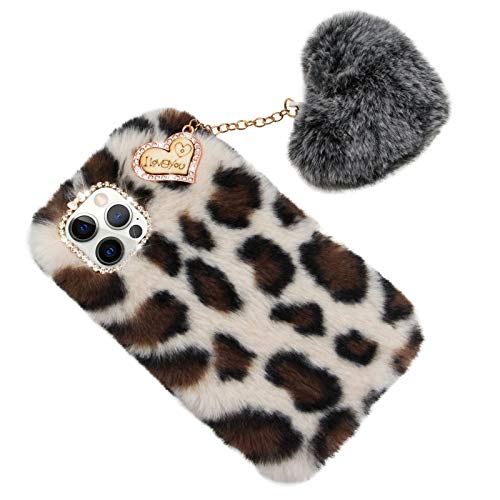 Furry Case for LG V60 ThinQ 5G, Girlyard Soft Fluffy Plush Faux Rabbit Fur Warm Hairy Shockproof Silicone Bumper Protective Cover with Cute Love Heart Hair Ball Pendant - Leopard Beige