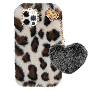 Furry Case for LG V60 ThinQ 5G, Girlyard Soft Fluffy Plush Faux Rabbit Fur Warm Hairy Shockproof Silicone Bumper Protective Cover with Cute Love Heart Hair Ball Pendant - Leopard Beige