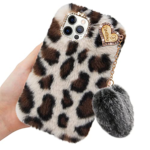 Furry Case for LG V60 ThinQ 5G, Girlyard Soft Fluffy Plush Faux Rabbit Fur Warm Hairy Shockproof Silicone Bumper Protective Cover with Cute Love Heart Hair Ball Pendant - Leopard Beige