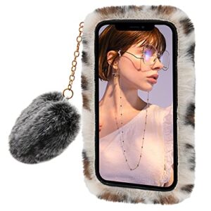 Furry Case for LG V60 ThinQ 5G, Girlyard Soft Fluffy Plush Faux Rabbit Fur Warm Hairy Shockproof Silicone Bumper Protective Cover with Cute Love Heart Hair Ball Pendant - Leopard Beige