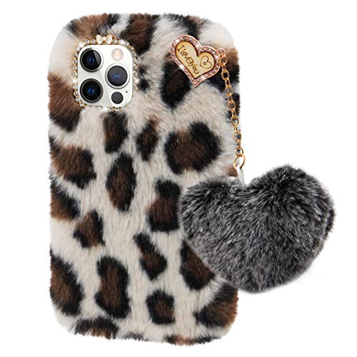 Furry Case for LG V60 ThinQ 5G, Girlyard Soft Fluffy Plush Faux Rabbit Fur Warm Hairy Shockproof Silicone Bumper Protective Cover with Cute Love Heart Hair Ball Pendant - Leopard Beige