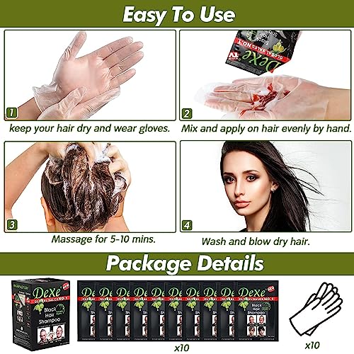 Black Hair Shampoo-Dexe Black Hair Shampoo for Natural Hair,Temporary Instant Hair Dye Maintain for Men and Women Black Color/Easy to Use/Last 30 days/Natural Ingredients (Pack of 10)