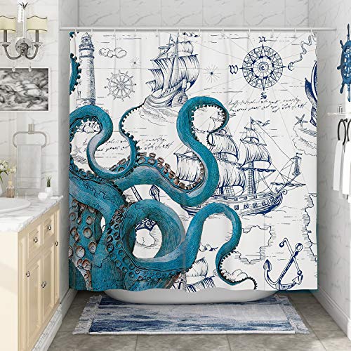 DESIHOM Blue Nautical Octopus Shower Curtain Set, Funny Ocean Kraken Shower Curtains for Bathroom, Cool Beach Coastal Octopus Decor Polyester Fabric-72" x 72"