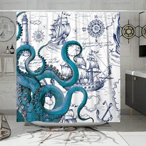 desihom blue nautical octopus shower curtain set, funny ocean kraken shower curtains for bathroom, cool beach coastal octopus decor polyester fabric-72" x 72"