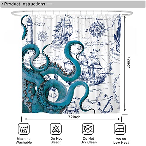 DESIHOM Blue Nautical Octopus Shower Curtain Set, Funny Ocean Kraken Shower Curtains for Bathroom, Cool Beach Coastal Octopus Decor Polyester Fabric-72" x 72"