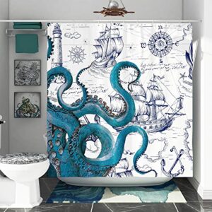 DESIHOM Blue Nautical Octopus Shower Curtain Set, Funny Ocean Kraken Shower Curtains for Bathroom, Cool Beach Coastal Octopus Decor Polyester Fabric-72" x 72"