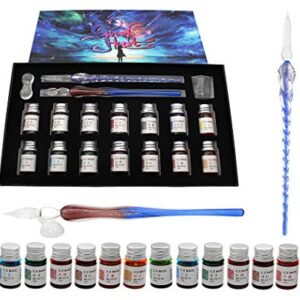 XIAOYU Glass Dip Pen Set, 18 Pieces Calligraphy Pens Set - 14 Color Inks, Pen Holder, Cleaning Cup, 2 Crystal Glass Pens for Art, Writing, Drawing, Signatures