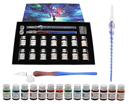 XIAOYU Glass Dip Pen Set, 18 Pieces Calligraphy Pens Set - 14 Color Inks, Pen Holder, Cleaning Cup, 2 Crystal Glass Pens for Art, Writing, Drawing, Signatures