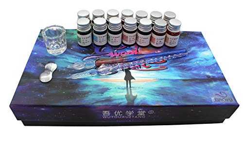 XIAOYU Glass Dip Pen Set, 18 Pieces Calligraphy Pens Set - 14 Color Inks, Pen Holder, Cleaning Cup, 2 Crystal Glass Pens for Art, Writing, Drawing, Signatures