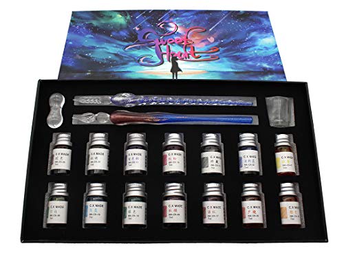 XIAOYU Glass Dip Pen Set, 18 Pieces Calligraphy Pens Set - 14 Color Inks, Pen Holder, Cleaning Cup, 2 Crystal Glass Pens for Art, Writing, Drawing, Signatures