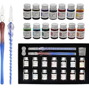 XIAOYU Glass Dip Pen Set, 18 Pieces Calligraphy Pens Set - 14 Color Inks, Pen Holder, Cleaning Cup, 2 Crystal Glass Pens for Art, Writing, Drawing, Signatures