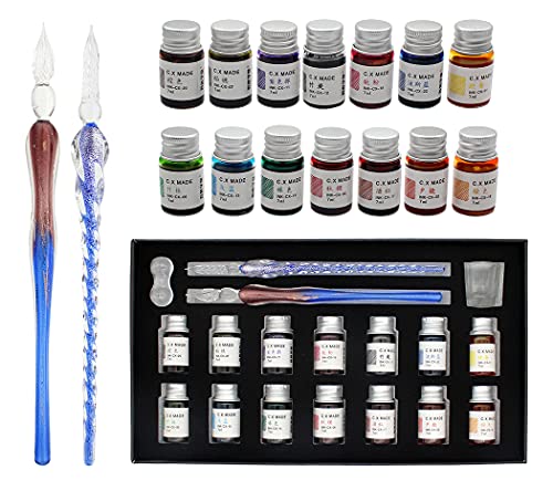 XIAOYU Glass Dip Pen Set, 18 Pieces Calligraphy Pens Set - 14 Color Inks, Pen Holder, Cleaning Cup, 2 Crystal Glass Pens for Art, Writing, Drawing, Signatures