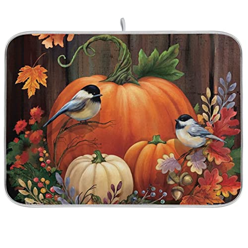 Absorbent Dish Drying Mat for Kitchen Counter - Pumpkin Birds Thanksgiving Day Microfiber Drying Pad, Reversible Drainer Mats for Countertop, Large 18" x 24"