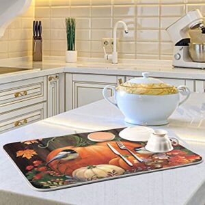 Absorbent Dish Drying Mat for Kitchen Counter - Pumpkin Birds Thanksgiving Day Microfiber Drying Pad, Reversible Drainer Mats for Countertop, Large 18" x 24"