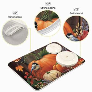 Absorbent Dish Drying Mat for Kitchen Counter - Pumpkin Birds Thanksgiving Day Microfiber Drying Pad, Reversible Drainer Mats for Countertop, Large 18" x 24"