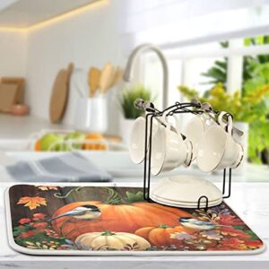 Absorbent Dish Drying Mat for Kitchen Counter - Pumpkin Birds Thanksgiving Day Microfiber Drying Pad, Reversible Drainer Mats for Countertop, Large 18" x 24"