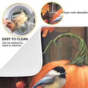 Absorbent Dish Drying Mat for Kitchen Counter - Pumpkin Birds Thanksgiving Day Microfiber Drying Pad, Reversible Drainer Mats for Countertop, Large 18" x 24"