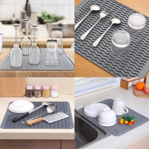 Dish Drying Mat, silicone sink mats for kitchen counter 15.7inch 11.8inch heat-resistant mat easy-to-clean drainage mat non-slip drainage mat for kitchen counter (2 black and gray)