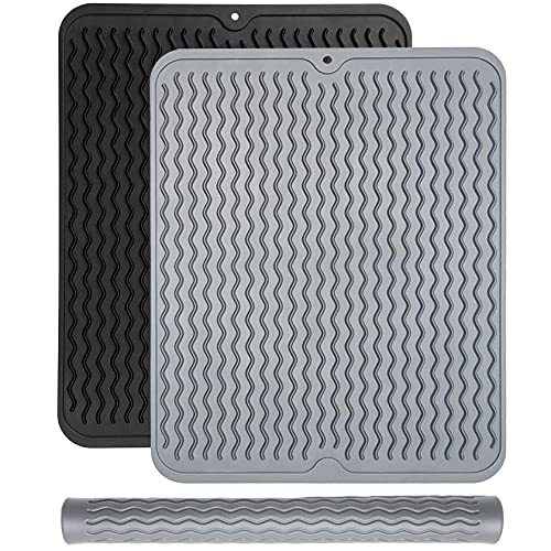 Dish Drying Mat, silicone sink mats for kitchen counter 15.7inch 11.8inch heat-resistant mat easy-to-clean drainage mat non-slip drainage mat for kitchen counter (2 black and gray)