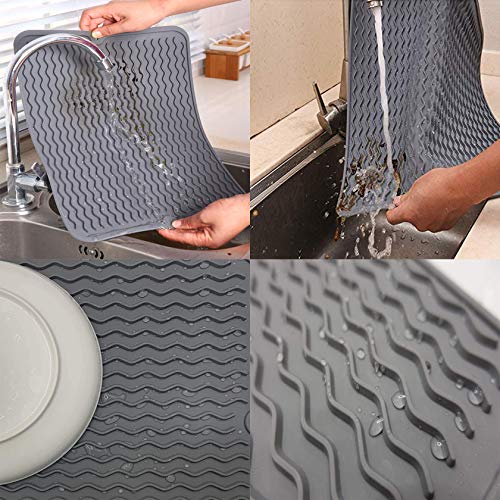 Dish Drying Mat, silicone sink mats for kitchen counter 15.7inch 11.8inch heat-resistant mat easy-to-clean drainage mat non-slip drainage mat for kitchen counter (2 black and gray)