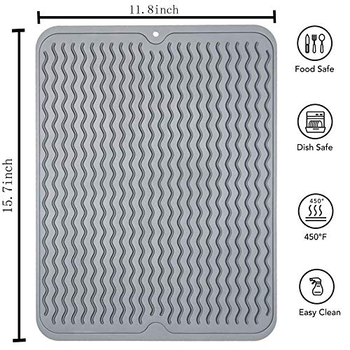 Dish Drying Mat, silicone sink mats for kitchen counter 15.7inch 11.8inch heat-resistant mat easy-to-clean drainage mat non-slip drainage mat for kitchen counter (2 black and gray)