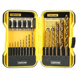 caroller drill bit set - m35 cobalt drill bit - 15 pcs high speed steel twist jobber length drill set 1/16"-3/8" for hardened metal, stainless steel, cast iron, wood and plastic with round shank