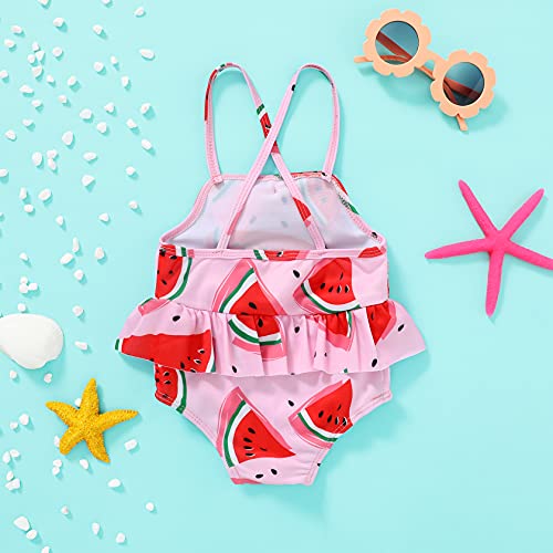 Infant Baby Girl Swimsuit Leopard Backless Swimwear Girl One Piece Halter Ruffle Watermelon Bathing Suit (Watermelon, 90, 9_Months)