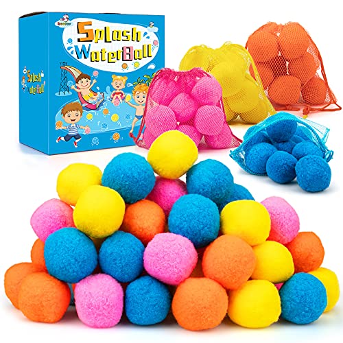 beetoy Sponge Balls for Water Fights 48 Reusable Water Balloons Water Balls Highly Absorbent Cotton Water Sponges Fight with Mesh Bag Water Toys for Pool Parties Trampoline Sprinklers and Summer Fun