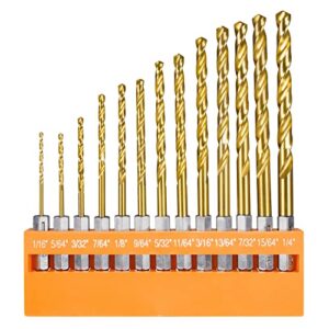 caroller drill bit set 13 piece twist hex shank quick change high speed steel titanium coating for metal, aluminum alloy and plastic wood 1/16" to 1/4"