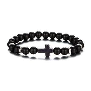 softones 8mm beads cross bracelet for women men natural stone elastic link prayer bracelet for boy girls,with gift box