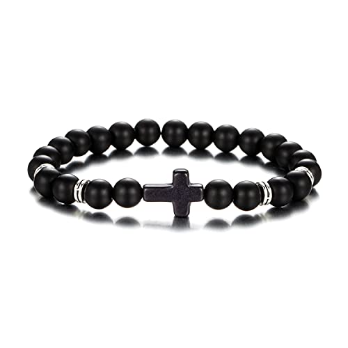 Softones 8mm Beads Cross Bracelet for Women Men Natural Stone Elastic Link Prayer Bracelet for Boy Girls,with Gift Box