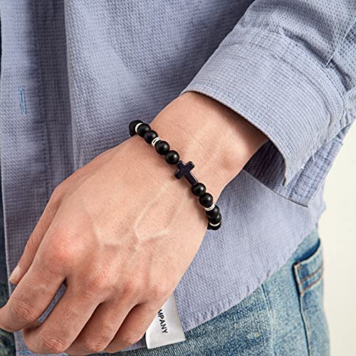 Softones 8mm Beads Cross Bracelet for Women Men Natural Stone Elastic Link Prayer Bracelet for Boy Girls,with Gift Box