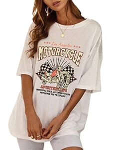 safrisior women vintage motorcycle print graphic t-shirt short sleeve round neck casual oversized tee shirt top white