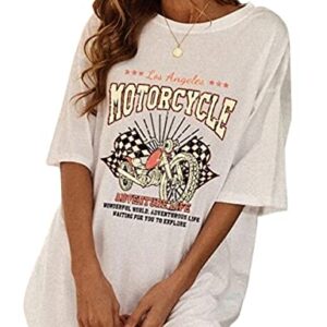 SAFRISIOR Women Vintage Motorcycle Print Graphic T-Shirt Short Sleeve Round Neck Casual Oversized Tee Shirt Top White