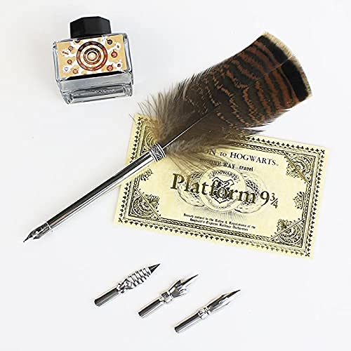 OPENDGO Antique Owl Feather Quill Pen and Ink Set Writing Quill Dip Calligraphy Pen Set for Beginners with 3 Nibs and Ink