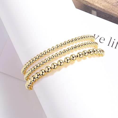 MOROTOLE 5 Pcs 14K Gold Plated Bead Ball Bracelet – Gold Beaded Bracelets for Women Stackable Stretch Elastic Bracelet Jewelry Gifts（4mm+6mm