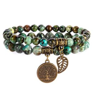 natural semi precious gemstone beads bracelet for women - tree of life and leaf charm chakra energy healing anxiety stretch bracelets(african turquoise)
