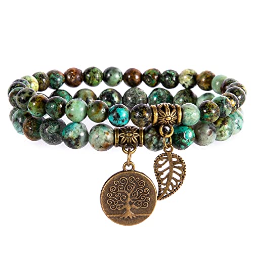 Natural Semi Precious Gemstone Beads Bracelet for Women - Tree of Life and Leaf Charm Chakra Energy Healing Anxiety Stretch Bracelets(African Turquoise)