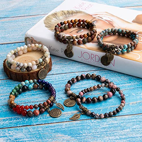 Natural Semi Precious Gemstone Beads Bracelet for Women - Tree of Life and Leaf Charm Chakra Energy Healing Anxiety Stretch Bracelets(African Turquoise)