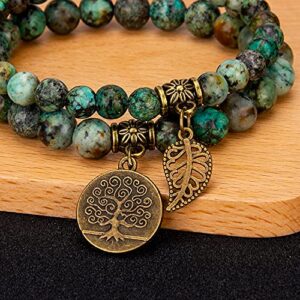 Natural Semi Precious Gemstone Beads Bracelet for Women - Tree of Life and Leaf Charm Chakra Energy Healing Anxiety Stretch Bracelets(African Turquoise)