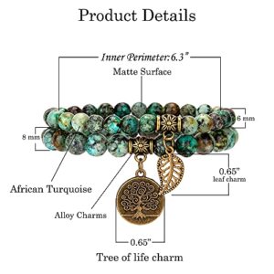 Natural Semi Precious Gemstone Beads Bracelet for Women - Tree of Life and Leaf Charm Chakra Energy Healing Anxiety Stretch Bracelets(African Turquoise)