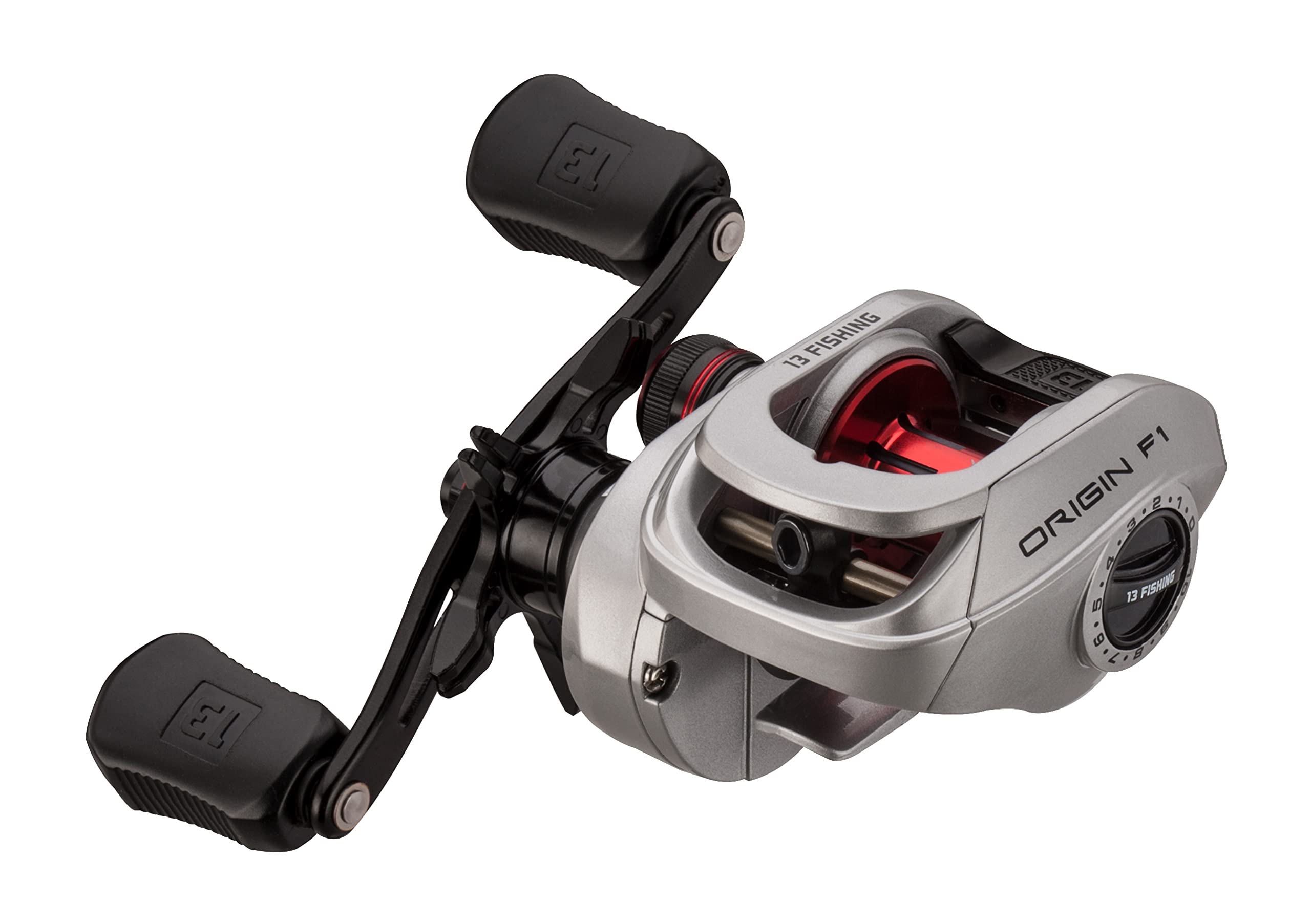 13 FISHING - Origin F1 Baitcast Reel - 6.6:1 Gear Ratio - Right Hand Retrieve (100 Size) (Fresh) - OF1-6.6-RH, Silver/Black/Red